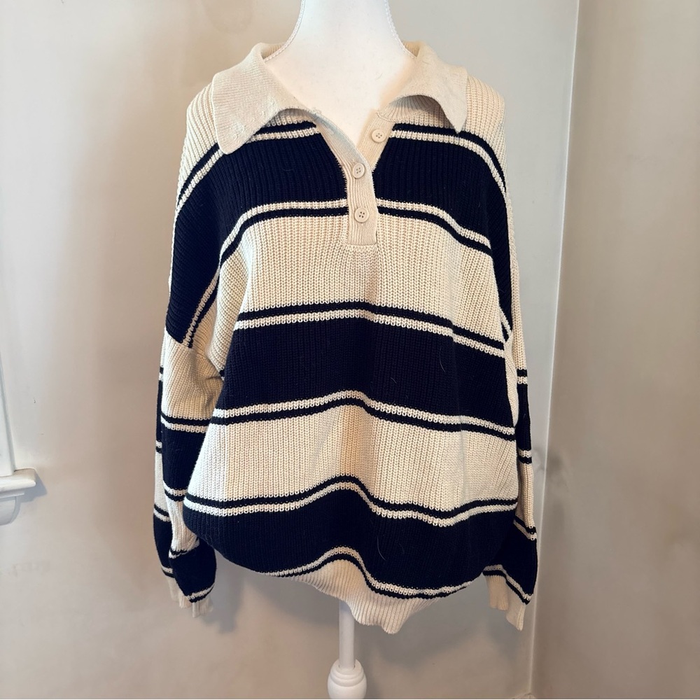 Striped V-Neck Polo Sweater in Black and Cream